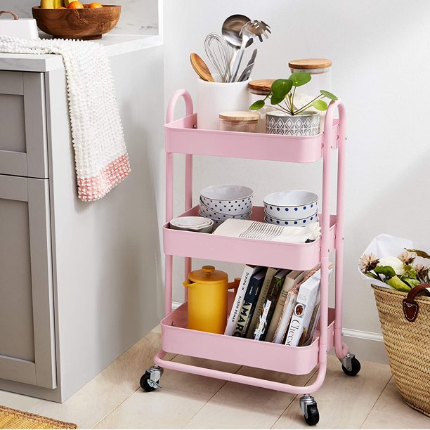 Carrito Auxiliar Organizador Multi-usos 3 Niveles Ruedas 360 Color Rosa