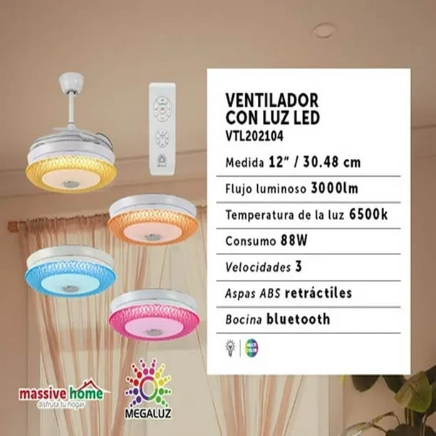 Ventilador De Techo Con Lámpara Led y Bocina Bluetooth Megaluz