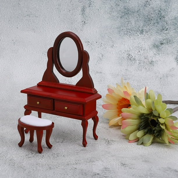 Mini muebles para decoración de casa de muñecas, tocador de estilo europeo,  modelo de tocador de madera, Color Redwood, 1:12