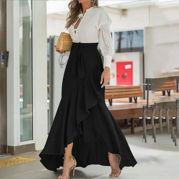 Sayas Larga Negra de Moda Faldas Elegantes Formales Casuales Ropa para Mujer