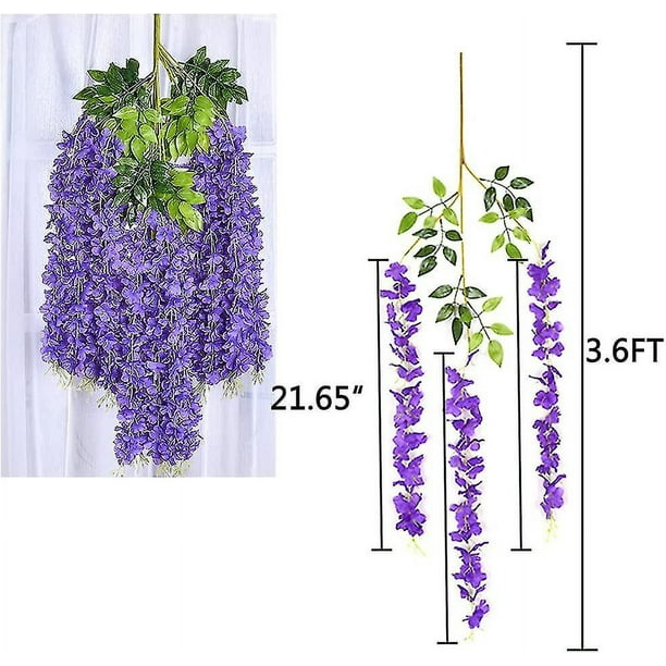 Paquete de 12 flores artificiales colgantes de glicina de 3.6 pies, flores  de seda falsa, vid de ratán, guirnalda larga de glicina, cuerda para