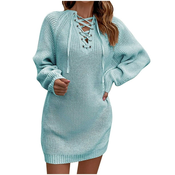 Vestidos Para Mujer Otoño Moda Casual Sólido Cuello en V Manga Larga  Vendaje Vestido Suelto de Punto Blusa de Otoño Pulóver Tops Odeerbi  ODB146456