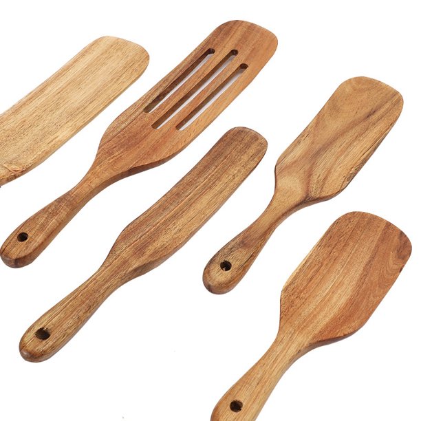 KITEISCAT Cucharas de madera de acacia para cocinar: juego de utensilios de  cocina y cocina de 5 piezas - espátula de madera, cuchara ranurada y para