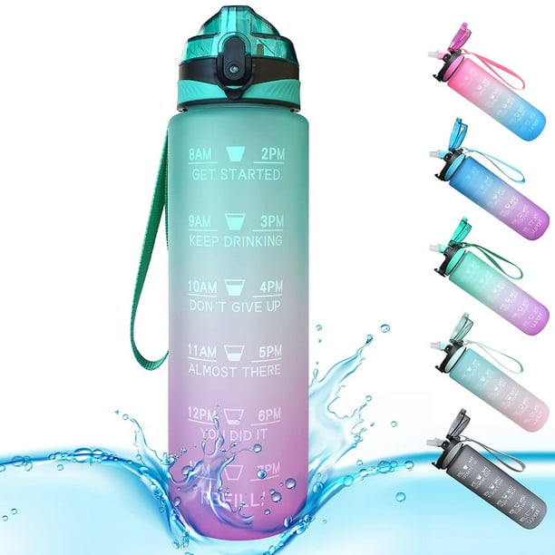  Botella de agua deportiva de 1 litro con diseño floral de  flores moradas, con pajilla, taza de viaje de acero inoxidable aislada al  vacío, botellas de agua grandes para gimnasio, fitness
