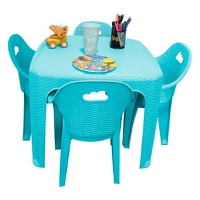 Mesa Infantil para Niños con 4 Sillas Plástico Reforzado tipo Rattan Color Azul