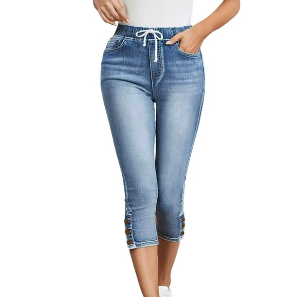 Gibobby Jeans pantalones de mujer Pantalones vaqueros para mujer,  informales, con cintura elástica, pantalones vaqueros elásticos, pantalones  recortados(Azul,M)