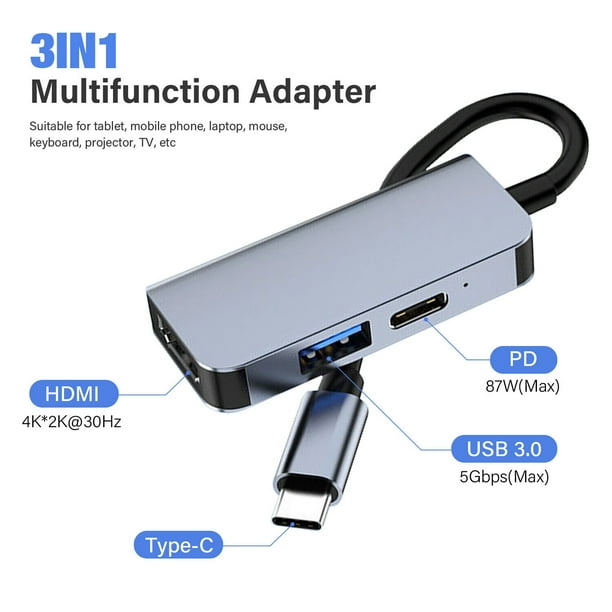 Plugable Adaptador multipuerto USB C a HDMI, concentrador USB C 3 en 1 sin  controlador con salida HDMI 4K, puerto de carga USB 3.0 y USB-C, compatible