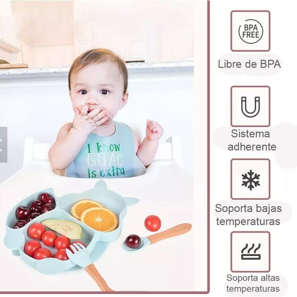 2 Platos para Bebé en Silicona, Libre de BPA, Vajilla para Bebé con  Cubiertos en Acero
