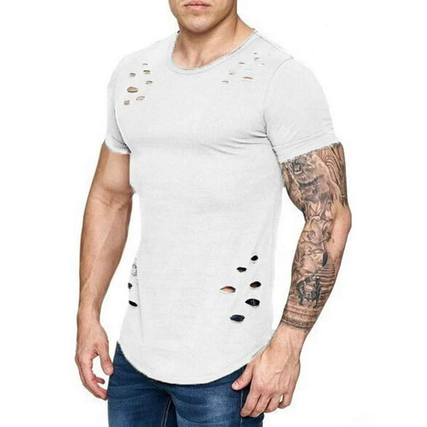 Camisetas de sueltas de color sólido rasgadas para hombre Camiseta de corta cur Inevent | Walmart en línea