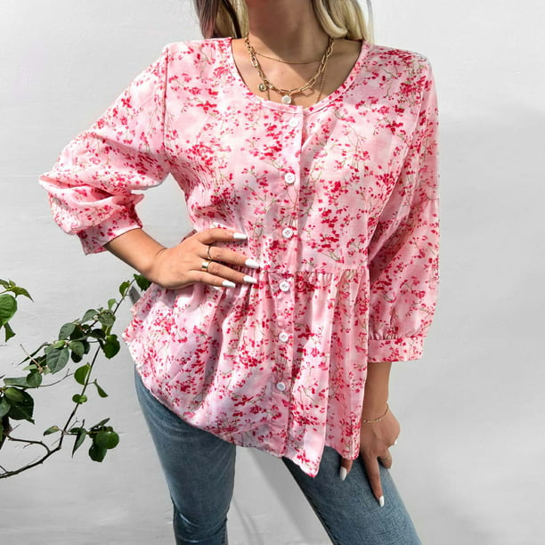 Tops para mujer Camisas Blusas Elegante Casual Otoño Moda Camisa floral Manga tres cuartos Algodón Top Odeerbi ODB-5 | Walmart en línea