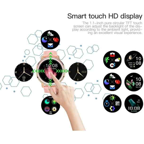 Reloj Inteligente para Mujer Reloj Inteligente Redondo Impermeable Reloj  Inteligente con Seguimiento de Actividad Función de Recordatorio Inteligente  para iPhone Android (Correa de Cuero, Rosa) JM