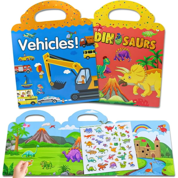 Libro de pegatinas para niños, 2 piezas, libro de pegatinas readhesivo,  modelos de dinosaurios y vehículos y páginas de escenas de actividades,  regalo para niños a partir de 3 años Sincero Electrónica