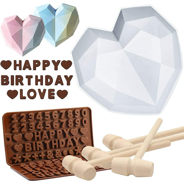Molde de corazón para chocolate Molde de pastel de silicona grande de 8.7  , 2 moldes de letras de silicona y 4 martillos para pastel de mousse de