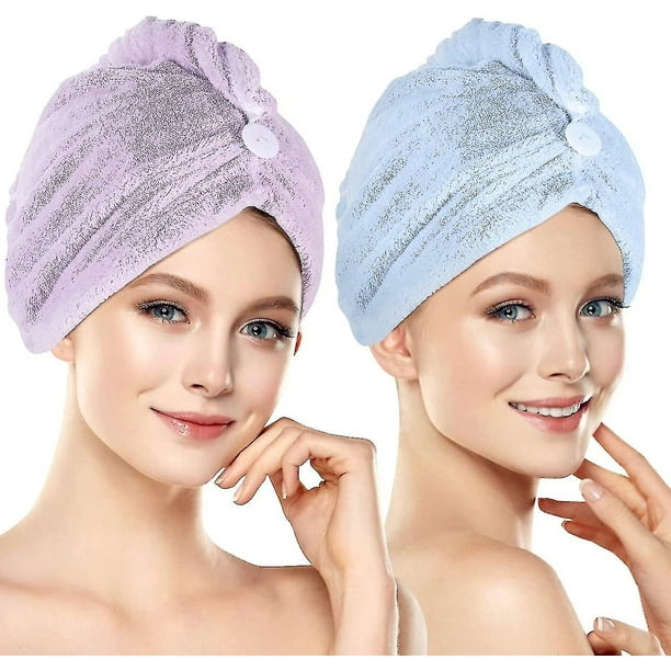 Paquete de 2 toallas para el cabello, toalla de secado de cabello con  botón, toalla de microfibra para el cabello, gorro de pelo seco, gorro de  baño