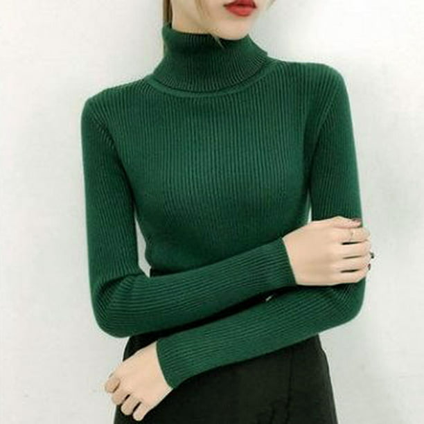 Suéter de manga larga acanalado de cuello alto para mujer suéters ligeros  ropa de invierno - Verde Baoblaze Suéter de punto de mujer