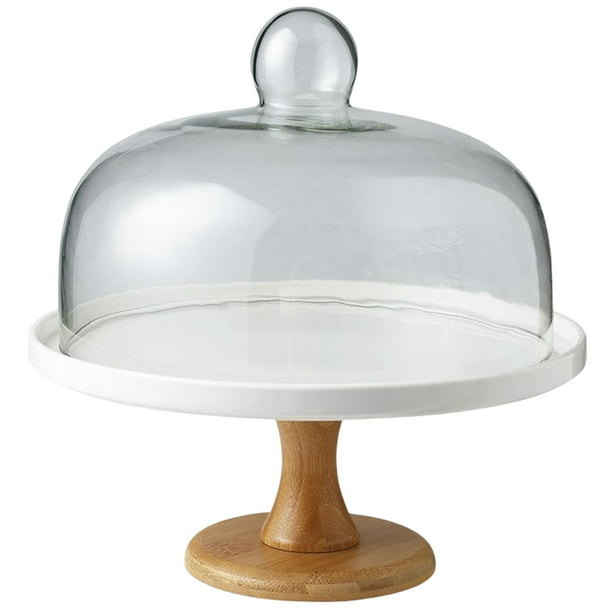 1 juego de cúpula de cristal con base de madera, plato de postre de vidrio  transparente para tartas, cúpula de queso, plato multifuncional para servir