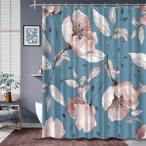 blue cortina de ducha floral rosa hojas grisáceas flores tela azul cortina de baño decoración d yongsheng 8390613009791