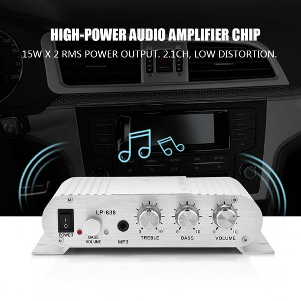 Yoidesu Amplificador Audio Coche Mini Amplificador Estéreo para Auto y  Casa， lp-838 Amplificador de Potencia de Audio Mini HiFi 2.1 Estéreo Bass  Car Amplificador Digital(Plata) EOTVIA No