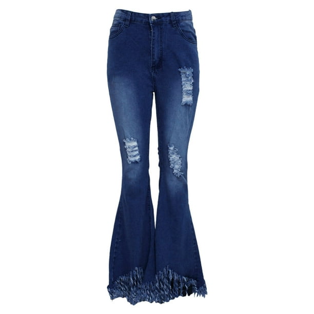 Gibobby Pantalones deportivos mujer Pantalones acampanados de mezclilla  rasgados lavados de pierna ancha delgados a la moda para mujer(Azul  oscuro,XL)