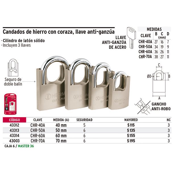 Candado De Hierro Con Coraza 40mm Llave Anti Ganzúa Hermex Candado De Hierro Con Coraza 40mm