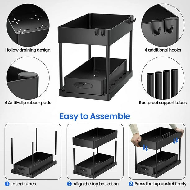 Organizador de cocina para debajo del fregadero, estante de almacenamiento  de cajón deslizante de 2 niveles, soporte multiusos