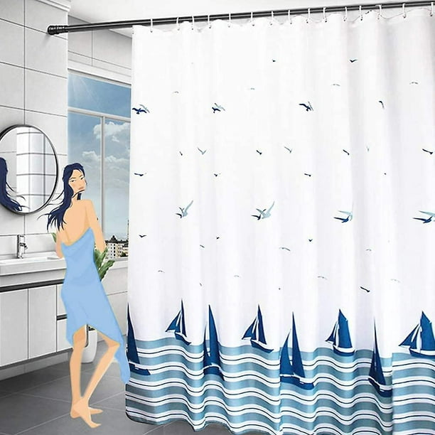 Cortina de ducha impermeable 180 x 200 hecha de tela de poliéster lavable  resistente, anillo de cortina de ducha ABS (azul) TUNC Sencillez