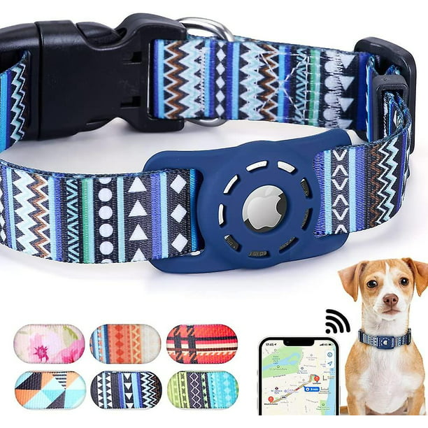 Para collar de perro Airtag compatible con Apple para collar de cachorro de  poliéster Airtag con funda de silicona Air Tag Case Holder-Blue-L 16-26in