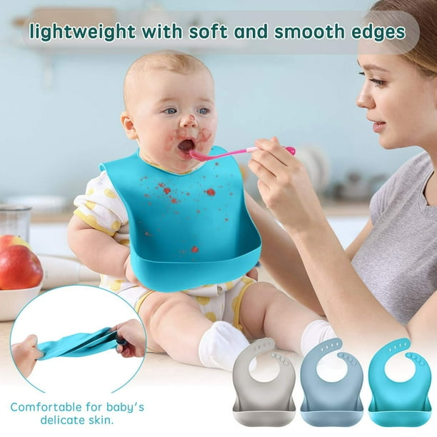 Juego de 3 baberos de silicona para bebés y niños pequeños, sin BPA,  unisex, suaves y ajustables, baberos de alimentación impermeables