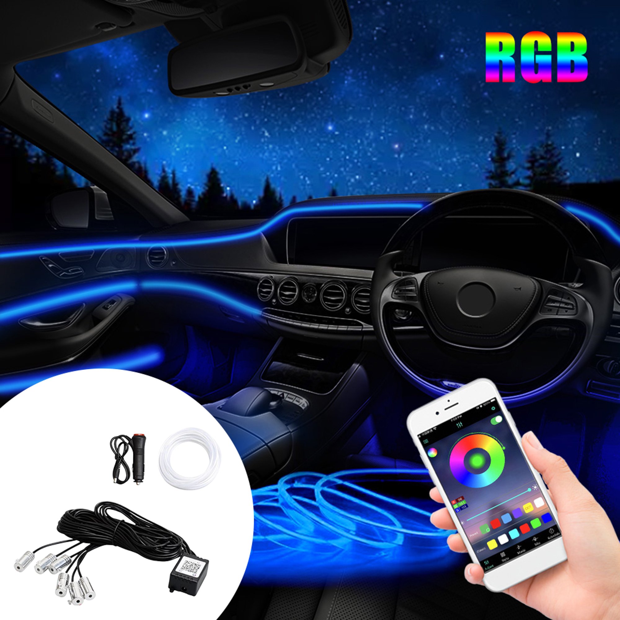 Estilo de coche Luz fría Luz ambiente línea Auto luces LED RGB