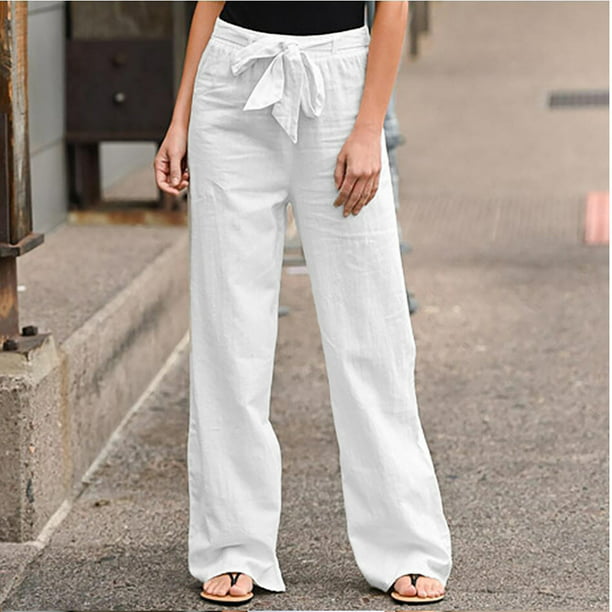 Puntoco moda mujer Color sólido lino fajas recto Casual pantalones largos  Pantalones Puntoco Puntoco-1141