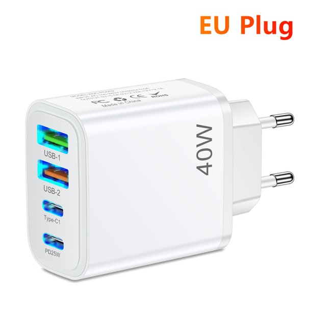 Cargador USB tipo C de 40W, carga rápida con enchufe europeo y