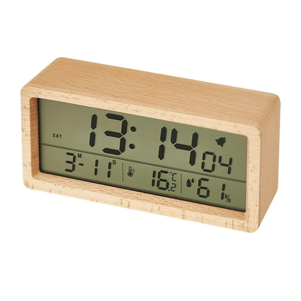 Reloj despertador digital con pilas, reloj digital LCD de madera con sensor  inteligente de luz nocturna, detección de temperatura, función de