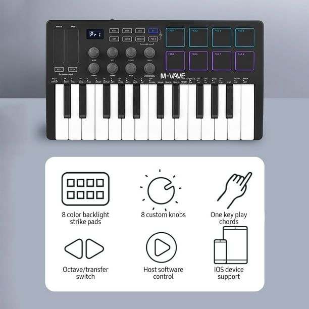 Teclado de control MIDI, teclado de control MIDI de 25 teclas, mini teclado  USB portátil, controlador MIDI con 25 teclas sensibles a la velocidad, 8  almohadillas retroiluminadas RGB, 8 perillas : : Instrumentos  musicales