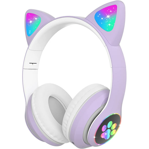 Auriculares para niños con micrófono, auriculares inalámbricos Bluetooth  para niñas y niños con orejas de gato LED, auriculares plegables para niños