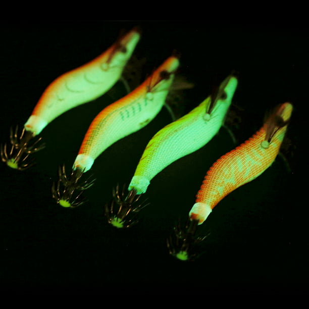 4 señuelos Luminosos de Pesca de Agua Salada, cebos de camarón de