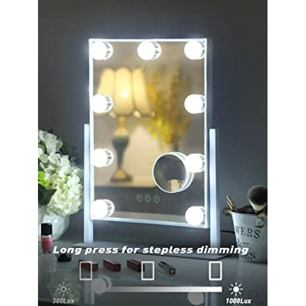 Espejo de tocador con luces, 9 bombillas LED Hollywood desmontable, 10  aumentos, espejo de tocador iluminado, diseño de control táctil, 3 colores