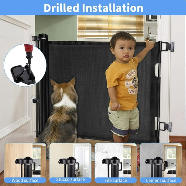 Puerta de seguridad retráctil de 1 pieza para bebés y perros de 0 a 150 cm,  puerta de escalera de malla de 86 cm de altura, puerta de escalera para