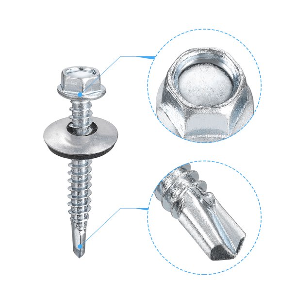 Montón de tornillos autotaladrantes galvanizados con arandela y fondo de  hardware de cabeza hexagonal azul