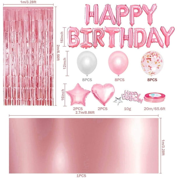  Decoraciones de cumpleaños rosas para mujeres, decoraciones de  fiesta de feliz cumpleaños para niñas, cortina de flecos rosa, pancarta de  feliz cumpleaños, globo de feliz cumpleaños, letras de globos de feliz