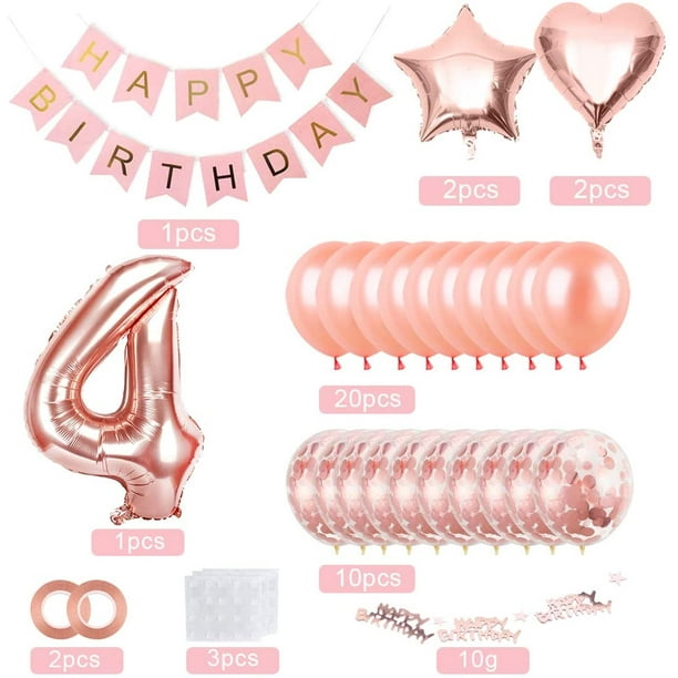 4 globos cumpleaños niña, 4 globos oro rosa, globos cumpleaños 4 años oro  rosa, globo niña 4 años, globos cumpleaños oro rosa, decoración fiesta  cumpleaños niña 4 años JM