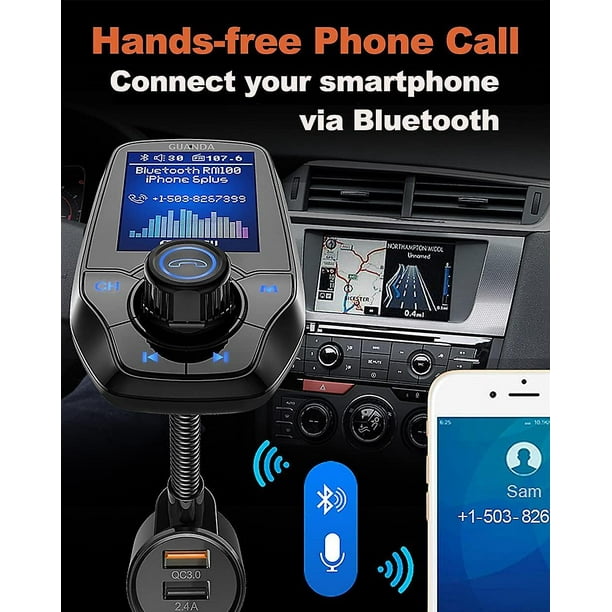 Transmisor FM Bluetooth para Auto con 1,8'' Pantalla a Color, Manos Libres  Adaptador Bluetooth Reproductor 4 en 1 de MP3, Entrada/Salida AUX 2 Puertos