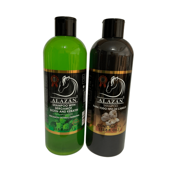 ALAZÁN, DUO SHAMPOO DE CABALLO PARA USO HUMANO, 1L AJO Y 1L BERGAMOTA