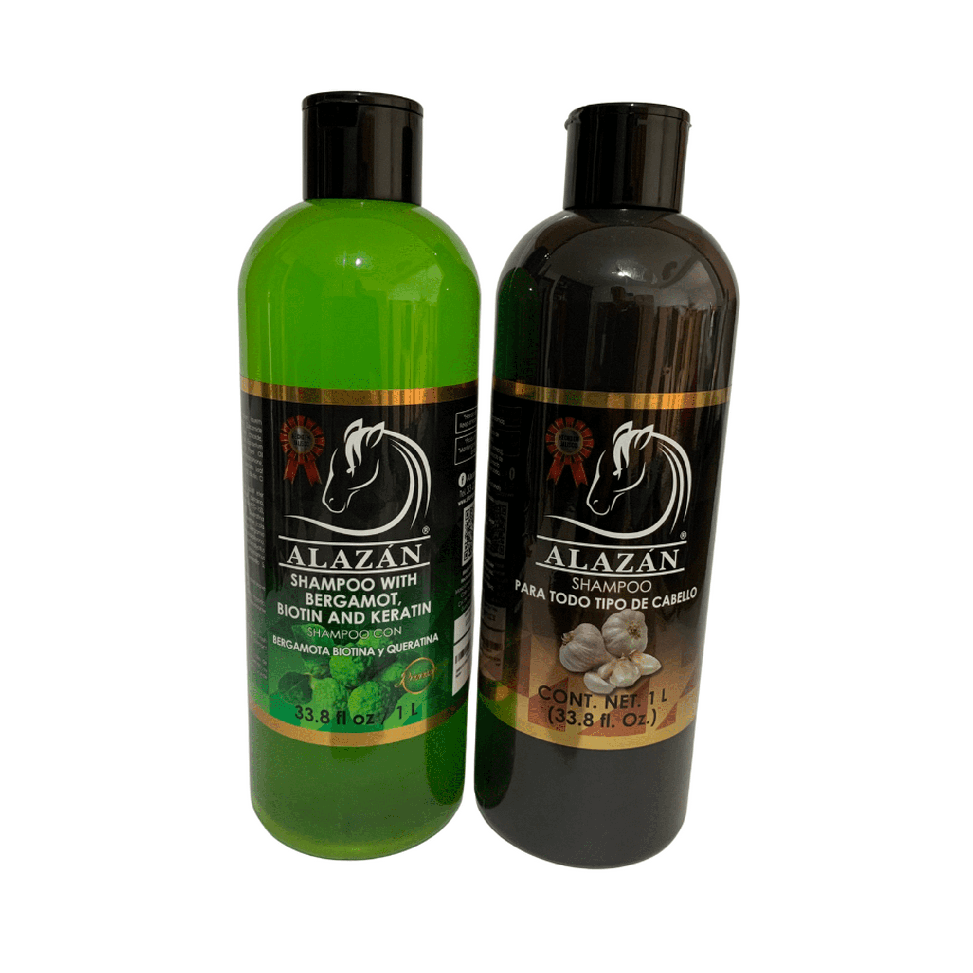 ALAZÁN, DUO SHAMPOO DE CABALLO PARA USO HUMANO, 1L AJO Y 1L BERGAMOTA