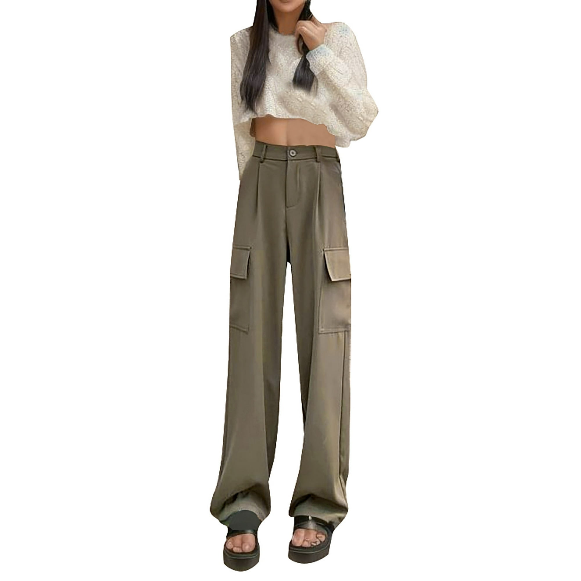 Gibobby Pantalones tipo cargo para mujer Pantalones de pierna ancha retro  de color sólido para mujer Pantalones cargo de estilo simple de moda de  cintura alta(Café,XL)