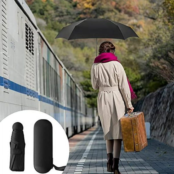 RV Paraguas plegable de viaje (negro), mini paraguas de 6 varillas con caja  de cápsulas, pequeño paraguas UV, mini paraguas resistente a los rayos UV,  paraguas plegable compacto ultraligero y de secado