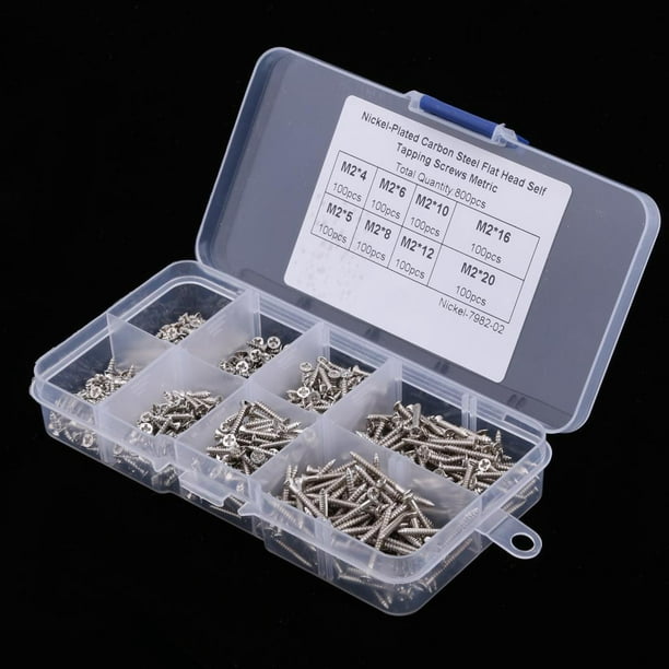 Kit de tornillos M2, 800 tornillos de cabeza plana de acero al carbono  niquelado con caja