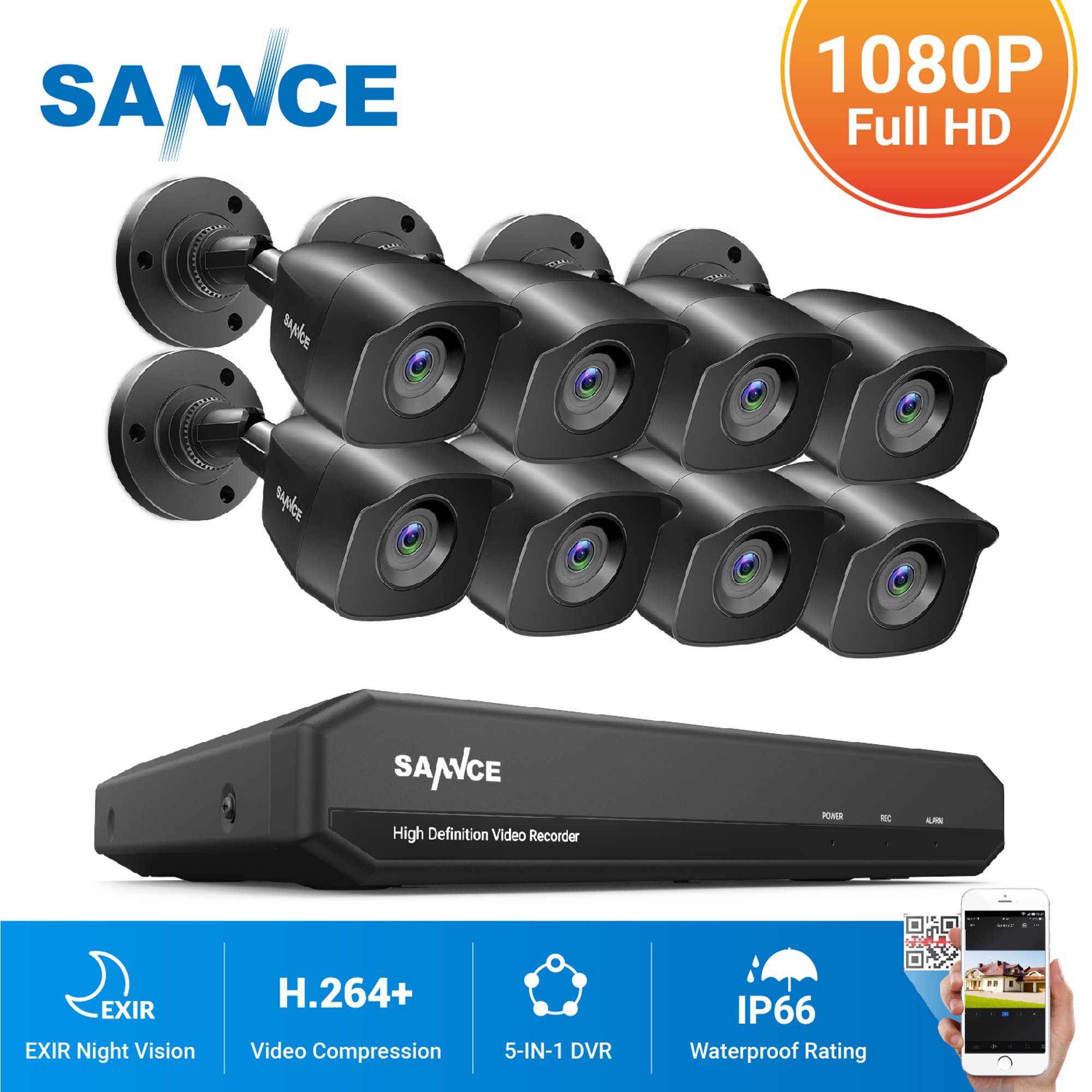 SANNCE Cámaras de seguridad para el hogar con cable de 1080p con visión  nocturna EXIR de 100 pies, impermeable IP66 para cámara de seguridad de