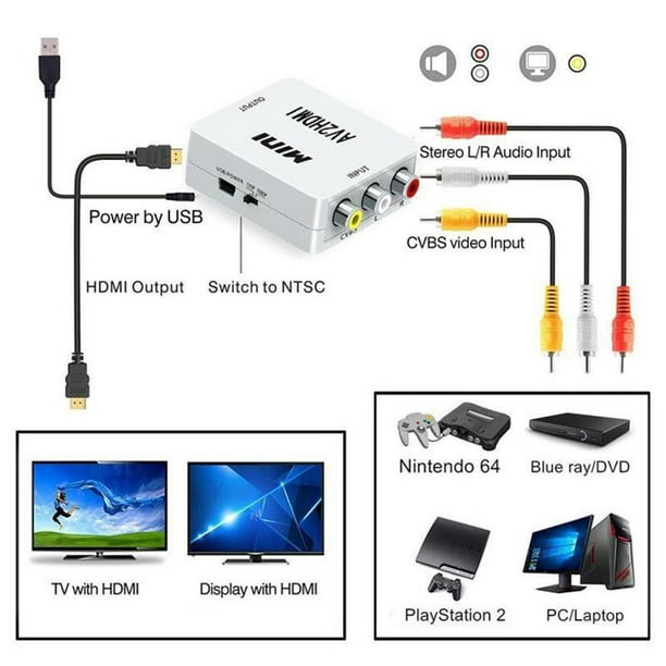 Convertidor RCA a HDMI, 1080P RCA compuesto CVBS AV a HDMI, adaptador de  convertidor de audio de video compatible con N64 Wii PS2 Xbox VHS VCR  cámara