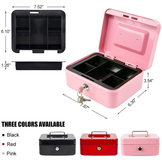  Caja pequeña con bandeja para dinero, pequeña caja de seguridad  con llave, cajón para efectivo, rojo, negro, rosa, azul : Productos de  Oficina
