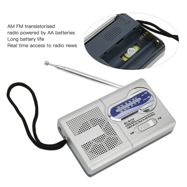  Radio transistor AM FM portátil con altavoz de 5 W, radio de  bolsillo a pilas con conector para auriculares, para viajes de emergencia  en el hogar, gris plateado : Electrónica